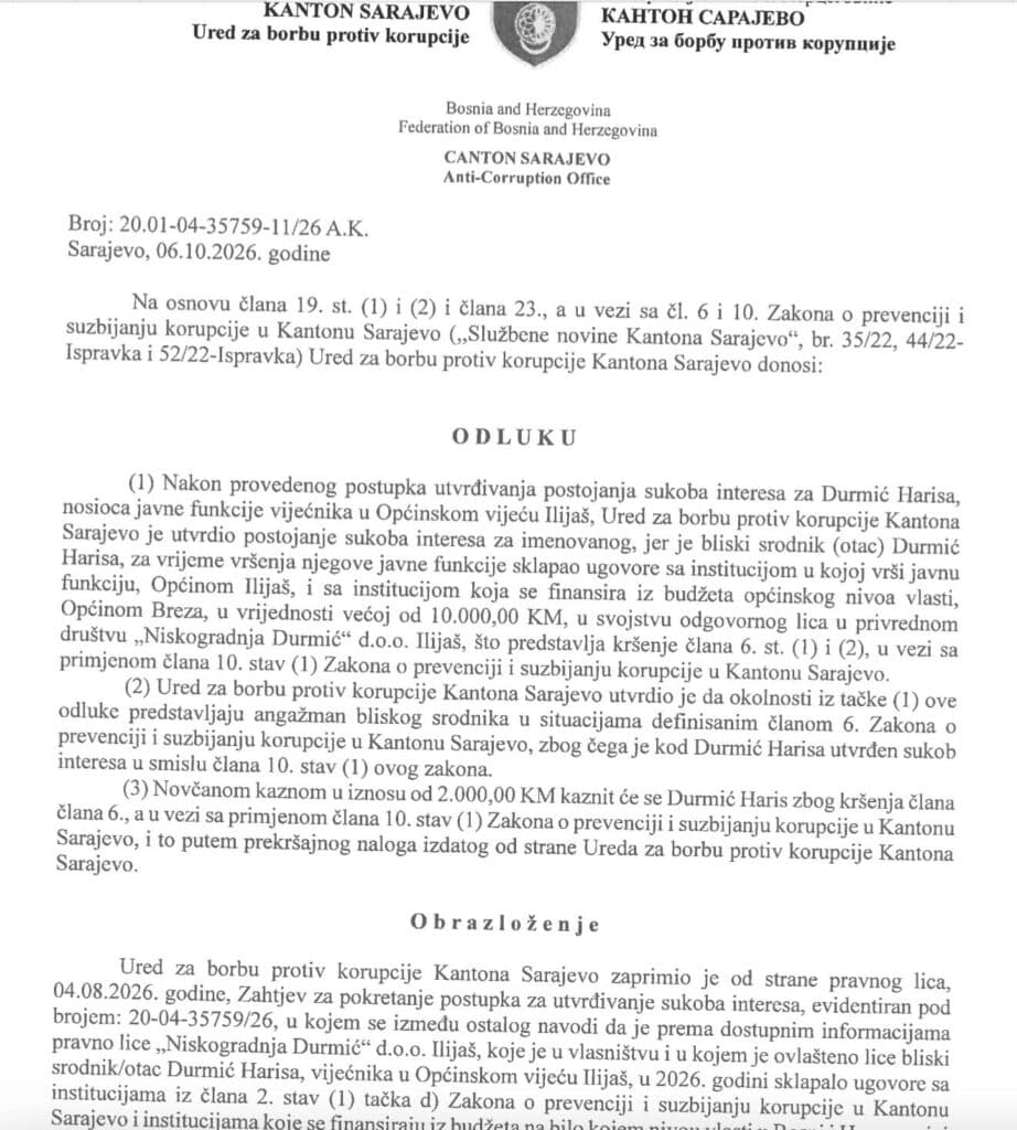 Slika uz članak: Kažnjen vijećnik iz Ilijaša: Firma njegovog oca sklapala ugovore s općinama vrijedne stotine hiljada