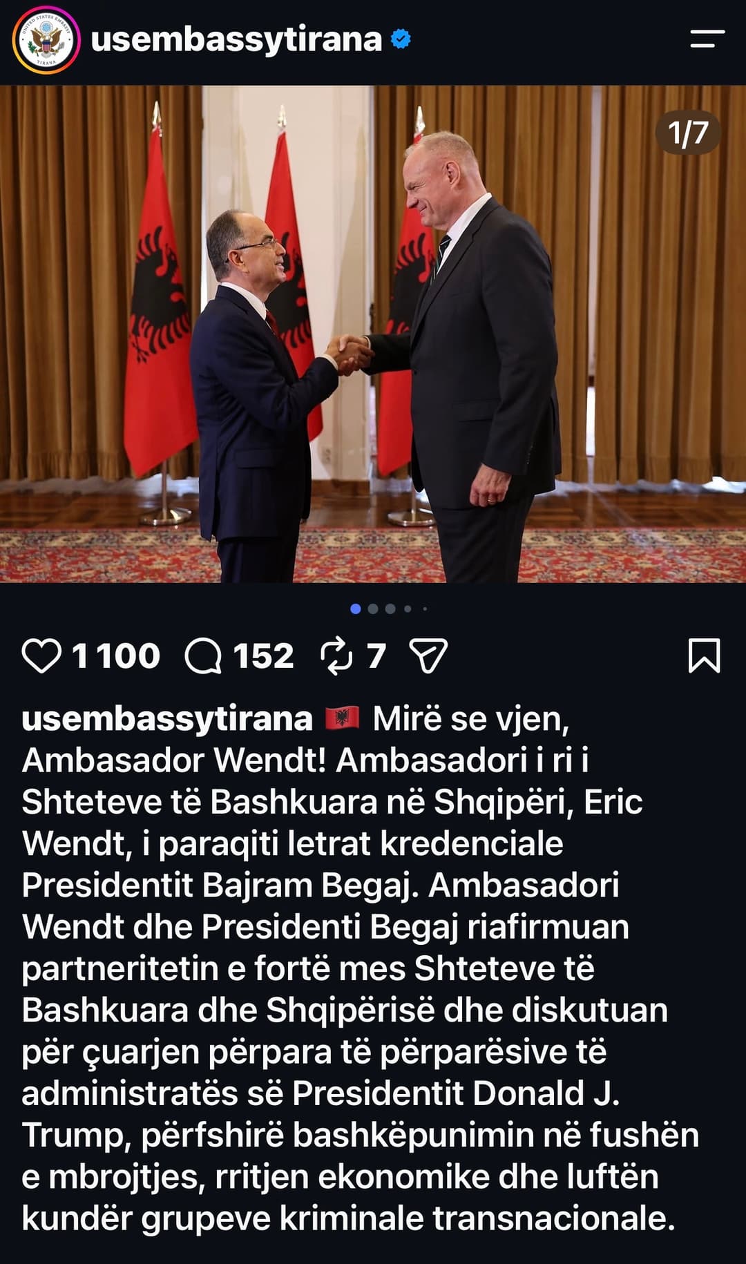 Slika uz članak: Eric Wendt merr zyrtarisht detyrën, ambasada Amerikane i uron mirëseardhjen ambasadorit të ri. Zbardhet takimi me presidentin Begaj