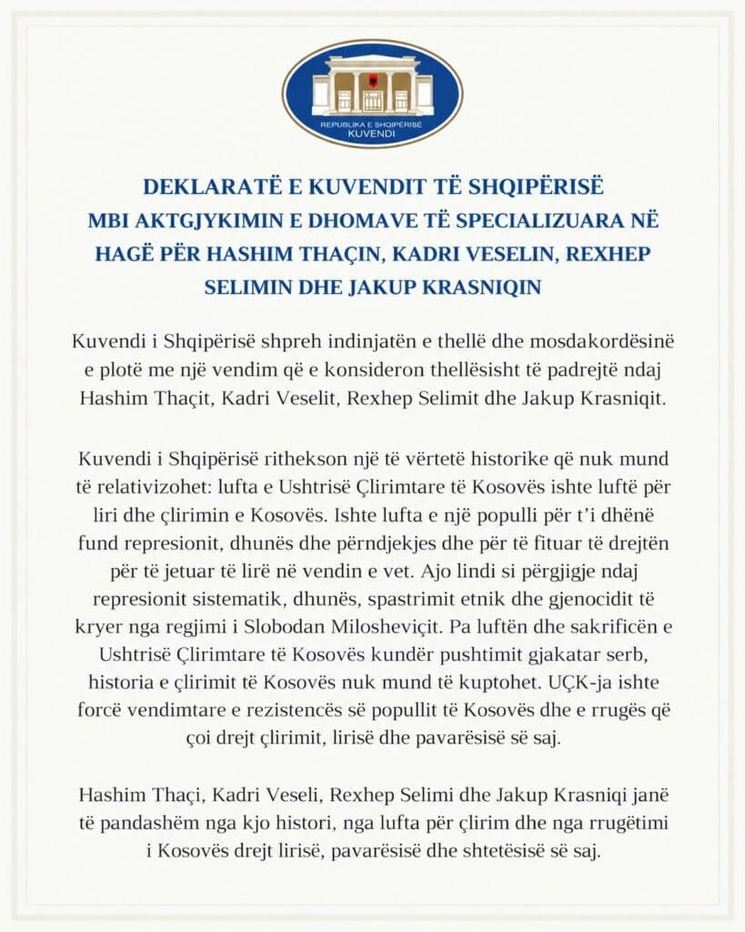 Slika uz članak: Peleshi lexon deklaratën pro UÇK-së: Kuvendi i Shqipërisë beson në pafajësinë e çlirimtarëve të Kosovës