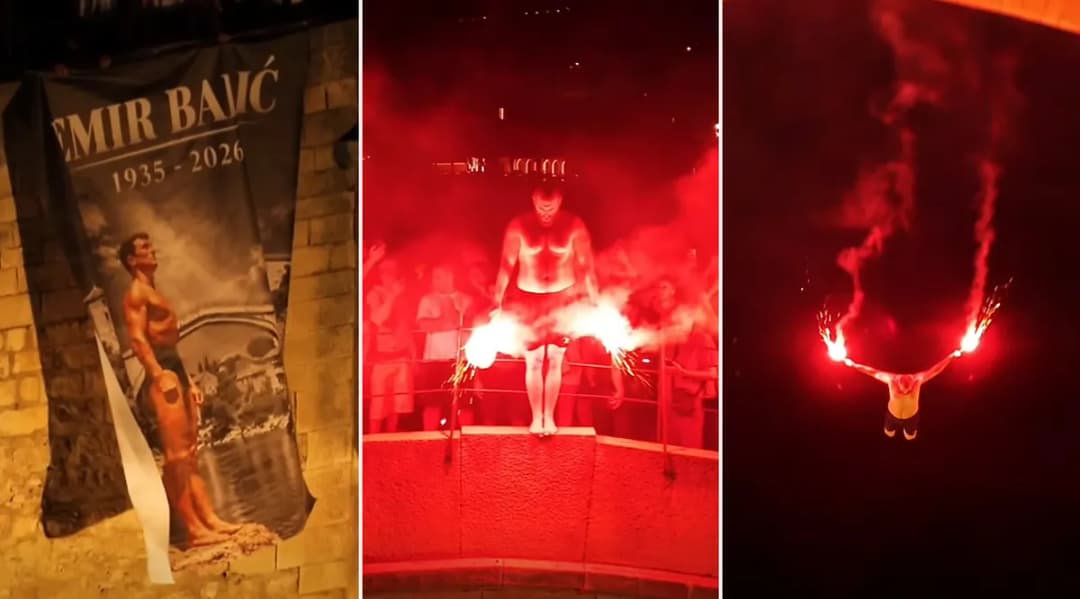 Slika uz članak: Mostarci se opraštaju od legende: Pogledajte veličanstven skok sa Starog mosta u čast Emira Balića