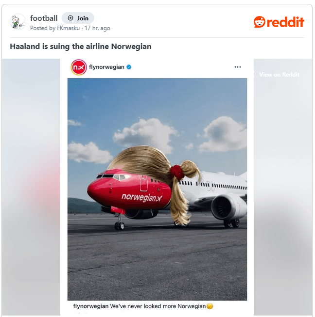 Slika uz članak: Haaland tuži Norwegian Air zbog korištenja njegovog lika u promociji